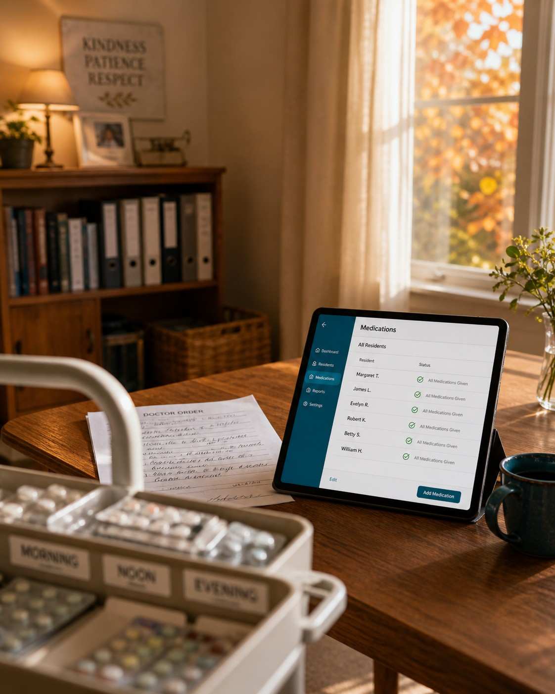 A tablet on a wooden table showing the Marpass medications interface, with a medication cart in the foreground